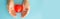 female hands and a red heart on a blue background, banner, copyspace on the right. take care of mom\'s health.