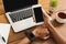 Female hands using modern digital gadgets at office workplace