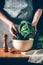 Female hands washing savoy cabbage, organic farming. Organic savoy cabbage background. Vegan and vegetarian diet concept