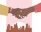 Female handshake. Flat design. Two business women in red and mustard clothes against the pink background
