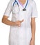 Female headless doctor pointing to something or pressing imaginary button