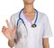 Female headless doctor pointing to something or pressing imaginary button