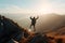 Female hiker with backpack raised her hands celebrating successful climb to top of mountain. Neural network AI generated