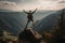 Female hiker with backpack raised her hands celebrating successful climb to top of mountain. Neural network AI generated