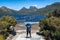 Female hiker enjoy the natural beauty of Mount Cradle and Dove Lake at Tasmania