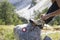 Female hiker tying boot laces