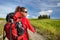 Female hiking woman happy and smiling during hike trek on Toscan