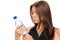 Female hold sparkling mineral bottled water drink