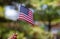 Female holding american flag outdoors on beautiful summer day. Independence Day