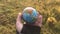 Female holding global earth in her hand, against yellow grass, ecology concept, human impact, save the planet