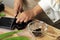 Female Homemaker Cut Cincau Hitam Black Grass Jelly Pudding into Pieces, Healthy Food