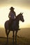 Female horseback rider and horse ride to overlook at Lewa Wildlife Conservancy in North Kenya, Africa at sunset