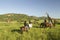 Female horseback riders ride horses in morning near Masai Giraffe at the Lewa Wildlife Conservancy in North Kenya, Africa