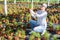 Female horticulturist maintaining garden in hothouse