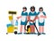 Female hotel maids in uniform with a vacuum cleaner, pushing trolley cart,clean linens for the room.Vector illustration.