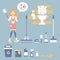 Female housekeeper, woman holding toilet brush and sponge, cleaning toilet, bathroom with mop, broom, bin, bucket, chore concept