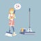 Female housekeeper, woman wearing protective mask holding broom with mop, bucket, chore, germ,  cleaning concept