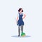 Female housewife holding broom woman cleaner sweeping floor cleaning service housekeeping concept full length flat white