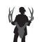 Female hunting. Girl holding a trophy. Dead moose`s head. Branched horns. Active lifestyle. Hobbies for brave people. Vector.