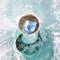 Female inside the crack in the ice glaciers Iceland. spherical 360 180 panorama of little planet