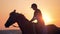 Female jockey is riding a brown horse during sunset