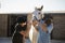 Female jockey and vet examining horse mouth