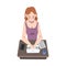 Female Journalist Sitting at Desk Writing Article or Essay on Laptop Vector Illustration