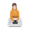 Female Journalist Sitting at Desk Writing Article or Essay on Laptop Vector Illustration