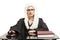 Female judge wearing a wig and Back mantle with eyeglasses with