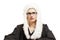 Female judge wearing a wig and Back mantle with eyeglasses