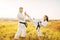 Female karate on training with male instructor