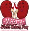 Female Kidneys Clapping for World Kidney Day Commemoration in March, Vector Illustration