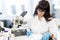 Female lab technician makes notes in the laboratory