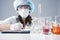 Female Laboratory Assistant in Facial Mask And Protective Gloves During Scientific Experiment in Laboratory.