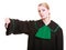 Female lawyer wearing classic polish gown thumb down gesture