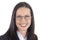 Female lawyer young professional wearing suit and glasses, white background