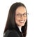 Female lawyer young professional wearing suit and glasses, white background, looking at camera