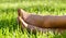 Female legs in stockings close-up on green grass