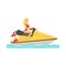 Female lifeguard in a red swimsuit driving by water motorcycle, rescuer professional vector Illustration