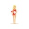 Female lifeguard in a red swimsuit standing with lifebuoy, rescuer professional vector Illustration