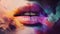 Female lips close up wearing colorful lipstick in multi colored smoke, sexy beautiful woman lips