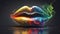 Female lips close up wearing colorful lipstick in multi colored smoke, sexy beautiful woman lips