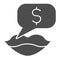 Female lips with dollar solid icon. Woman mouth and dialog symbol, glyph style pictogram on white background. Money sign