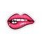 Female lips. Mouth with a kiss, smile, tongue, teeth. Vector comic illustration in pop art retro style isolated on white