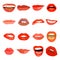 Female lips set on sweet passion. Lip design element lust makeup mouth. Vector print cosmetic sensuality desire tongue