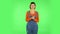 Female listens attentively and nods his head pointing finger at viewer. Green screen