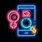 Female Love Search neon glow icon illustration