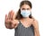 Female making stop stay away gesture pointing at medical mask