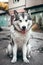 Female Malamute, a huge friendly Northern sled dog breed. Grey fluffy Alaskan Malamute sits and rests in the Park on the paved