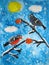 Female and male bullfinch birds - painted by child